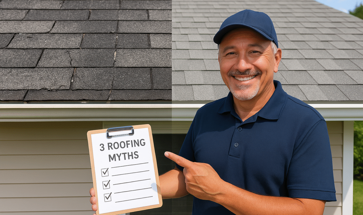 Middle-aged roofer pointing to a split graphic showing a worn, damaged roof on the left and a newly installed roof on the right, highlighting the difference for Clovis homeowners.