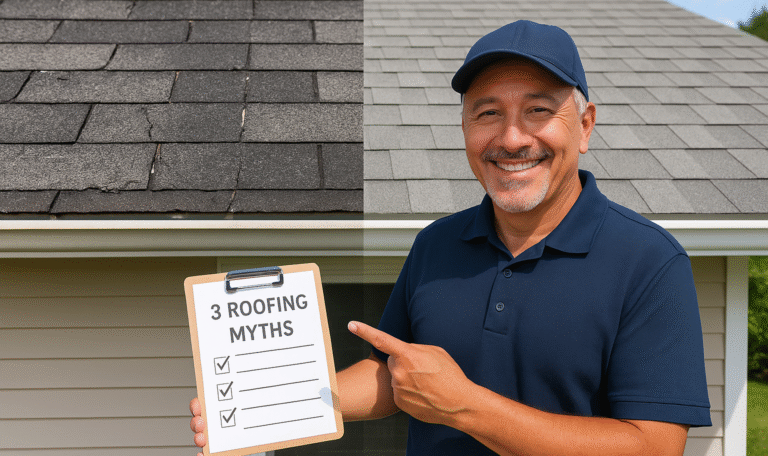 Middle-aged roofer pointing to a split graphic showing a worn, damaged roof on the left and a newly installed roof on the right, highlighting the difference for Clovis homeowners.