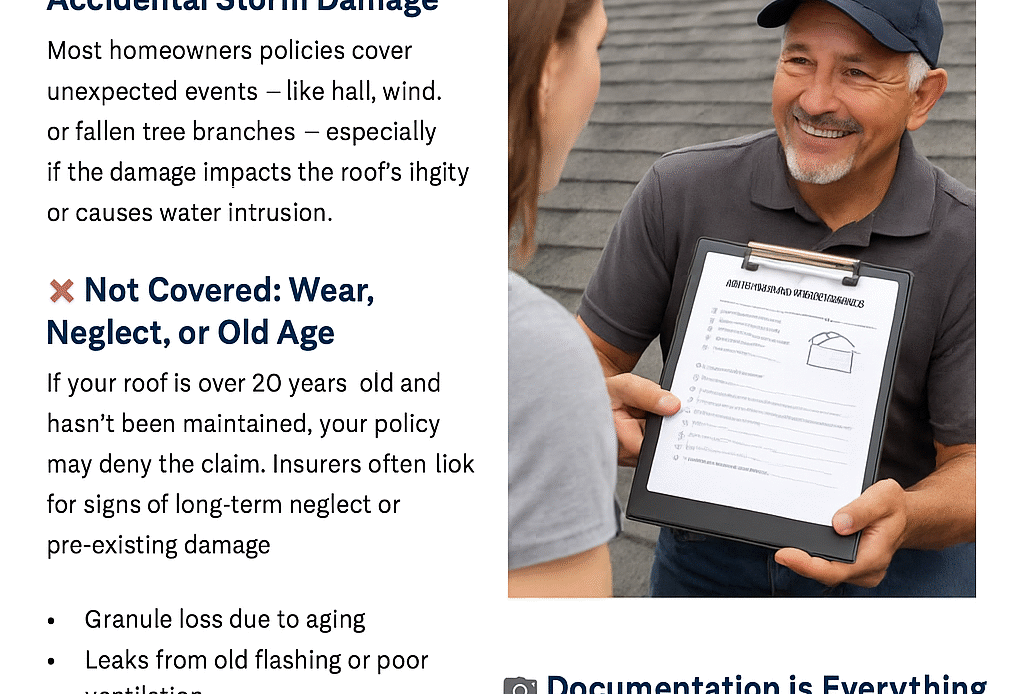 Smiling roofer in a cap showing a clipboard with storm damage documentation to a homeowner on a residential property in Clovis, NM.