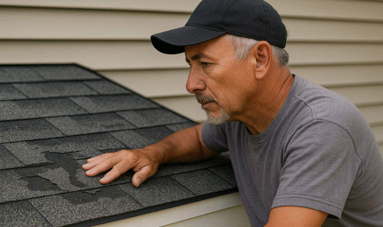 Middle-aged Clovis roofer inspecting a damaged residential roof with missing shingles, looking for warning signs after a recent storm.