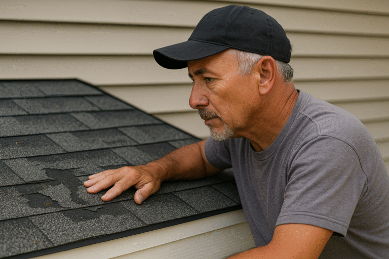 Middle-aged Clovis roofer inspecting a damaged residential roof with missing shingles, looking for warning signs after a recent storm.