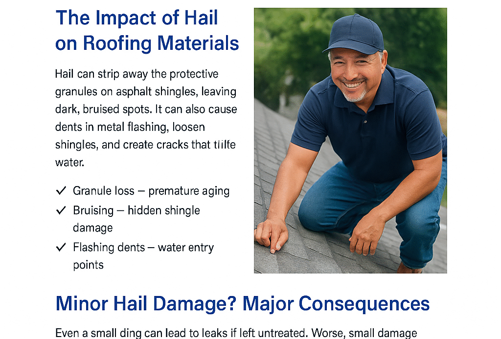 Smiling Clovis roofer inspecting hail-damaged shingles on a residential roof