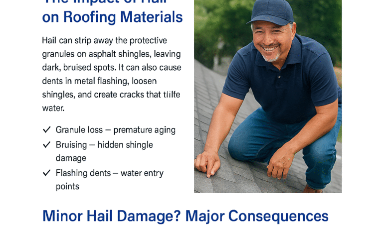 Smiling Clovis roofer inspecting hail-damaged shingles on a residential roof