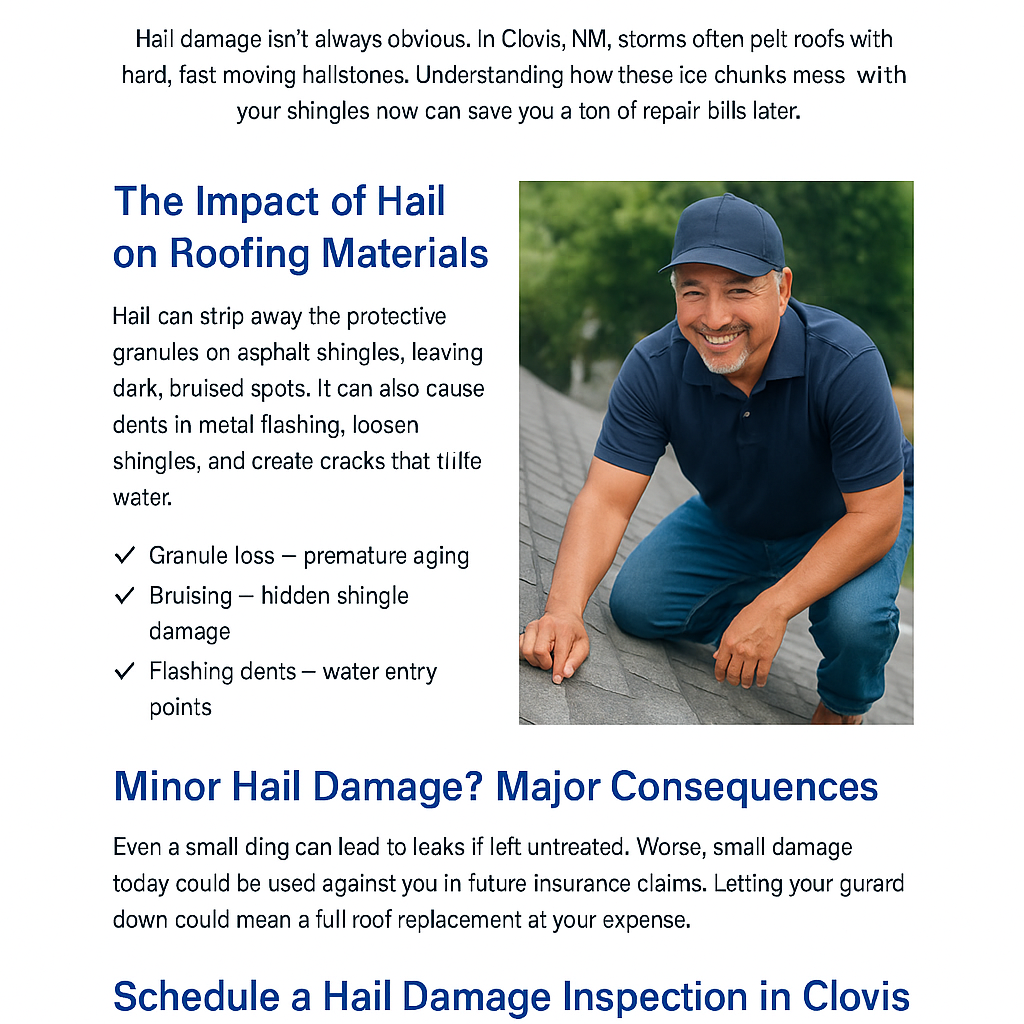Smiling Clovis roofer inspecting hail-damaged shingles on a residential roof