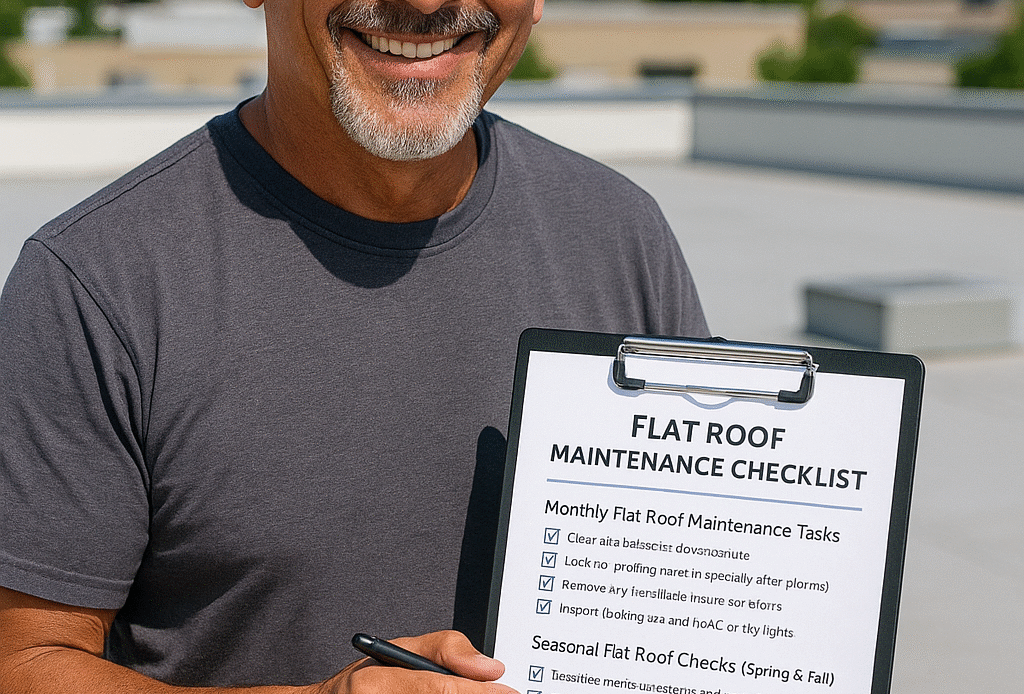 Smiling roofing contractor standing on a flat commercial roof in Clovis, NM, holding a maintenance checklist and inspecting roof membrane seams.