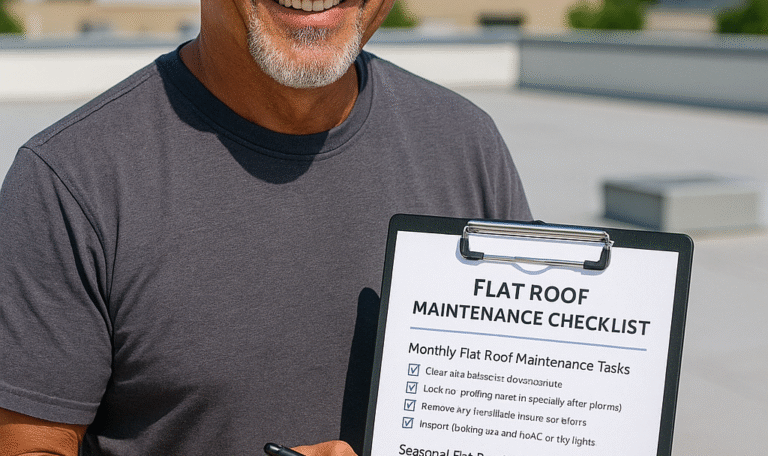 Smiling roofing contractor standing on a flat commercial roof in Clovis, NM, holding a maintenance checklist and inspecting roof membrane seams.