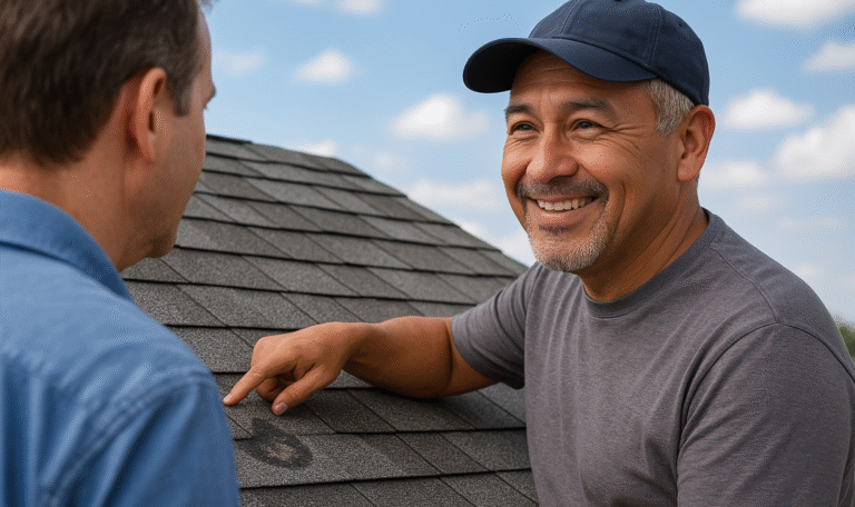 Smiling Latino roofer in a cap showing hail damage to a concerned homeowner during a roof inspection in Clovis, NM.