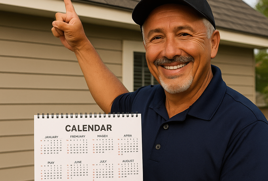 Middle-aged roofer smiling and holding a calendar while pointing to a house roof in Clovis, NM, symbolizing the best time for roof replacement.