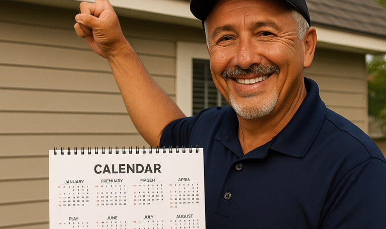 Middle-aged roofer smiling and holding a calendar while pointing to a house roof in Clovis, NM, symbolizing the best time for roof replacement.