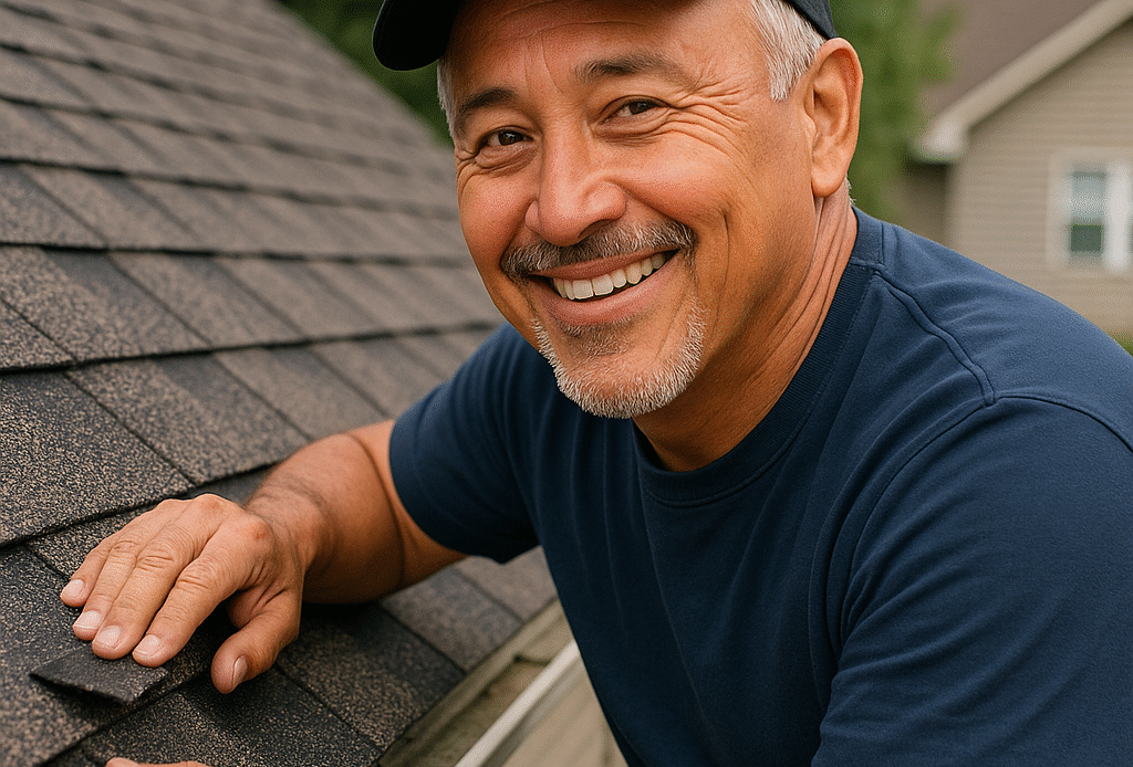 Smiling middle-aged roofer with a gray goatee and cap inspecting a shingle roof in Clovis, New Mexico, during a sunny day.