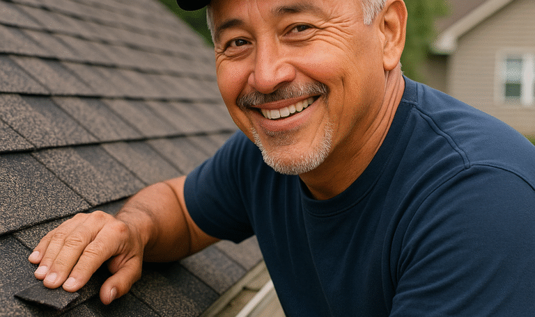Smiling middle-aged roofer with a gray goatee and cap inspecting a shingle roof in Clovis, New Mexico, during a sunny day.