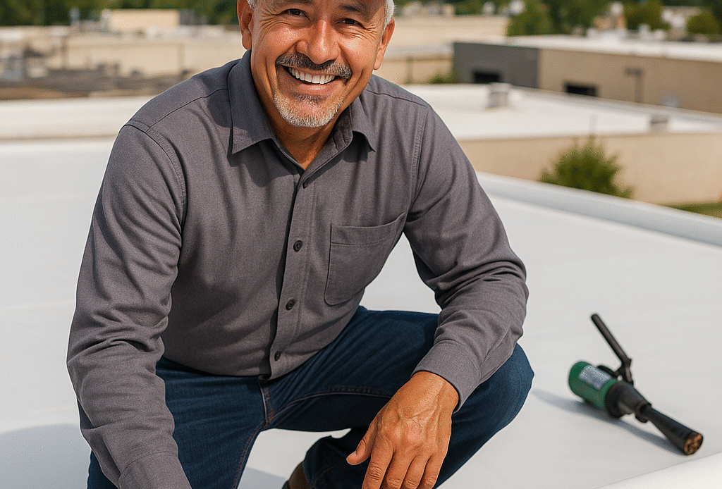 Middle-aged roofer standing on a commercial flat roof in Clovis, NM, beside a white TPO membrane roll, preparing for installation.