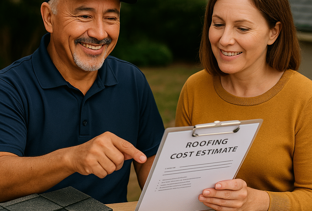 Smiling roofer with a gray goatee showing a roofing estimate to a homeowner, with tools and roofing materials beside them on a sunny day in Clovis, NM.