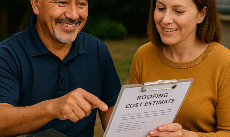 Smiling roofer with a gray goatee showing a roofing estimate to a homeowner, with tools and roofing materials beside them on a sunny day in Clovis, NM.