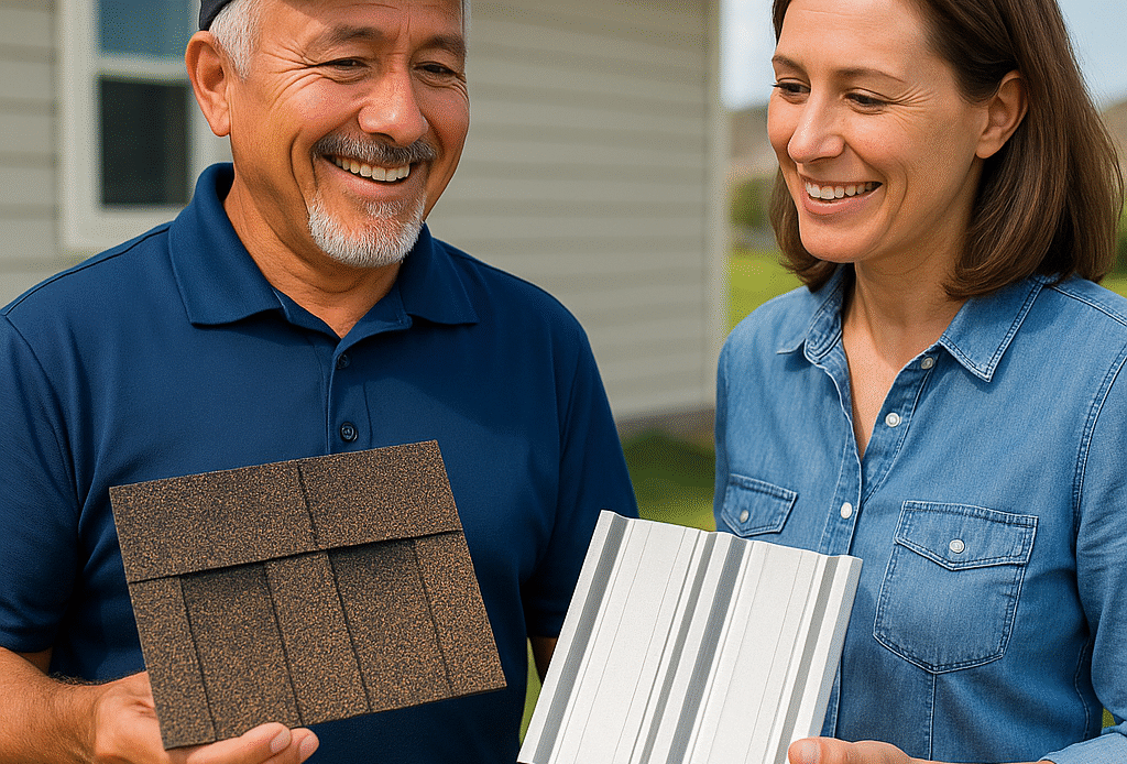 Smiling roofing contractor showing metal and shingle roof samples to a homeowner, comparing materials during an outdoor consultation in Clovis, NM.