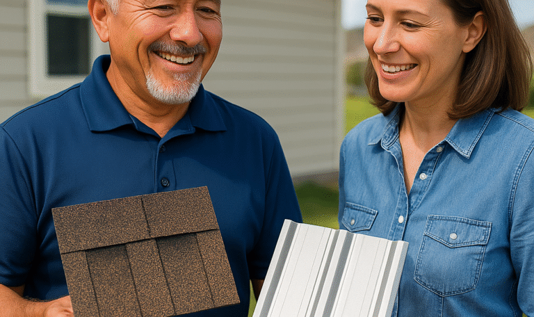 Smiling roofing contractor showing metal and shingle roof samples to a homeowner, comparing materials during an outdoor consultation in Clovis, NM.