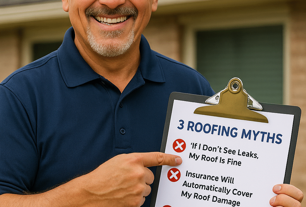 Smiling roofer holding a clipboard labeled "3 Roofing Myths" and pointing to the list while standing in front of a Clovis, NM home.