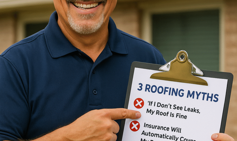 Smiling roofer holding a clipboard labeled "3 Roofing Myths" and pointing to the list while standing in front of a Clovis, NM home.